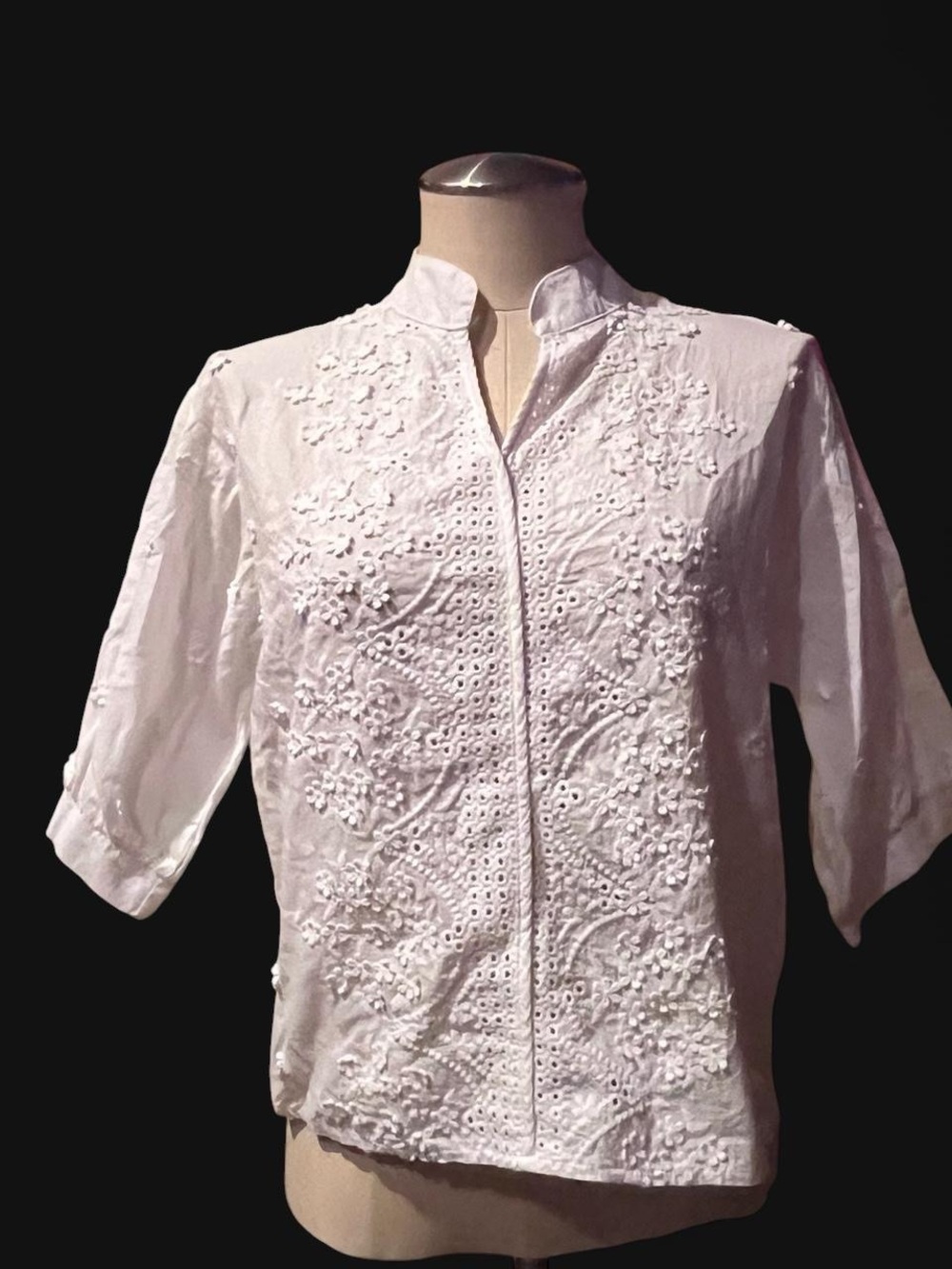 SL Fashions White Eyelet Embroidered Mandarin Collar Blouse